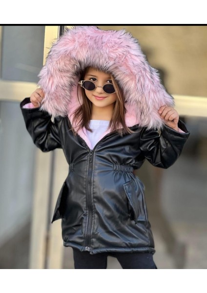 Kış Gözdesi Su Geçirmez Tam Kalıplı Polarlı Kız Çocuk Deri Montu