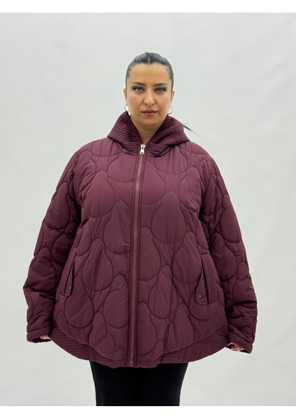 Büyük Beden Fermuarlı Düğmeli Cepli Kapüşonlu Oversize Kadın Mont