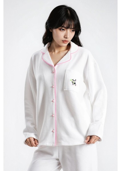 Kadın Ekru Waffle Panda Kingdom Bebe Yaka Uzun Kol Pantolon Pijama Takım