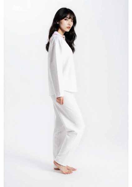 Kadın Ekru Waffle Panda Kingdom Bebe Yaka Uzun Kol Pantolon Pijama Takım modelleri