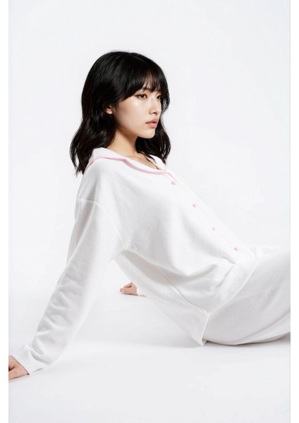 Kadın Ekru Waffle Panda Kingdom Bebe Yaka Uzun Kol Pantolon Pijama Takım