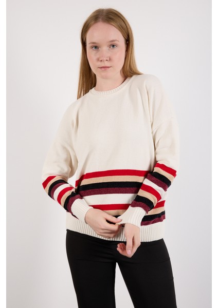 Kadın Beyaz Çizgili Bisiklet Yaka Şönil Kadife Triko Kazak