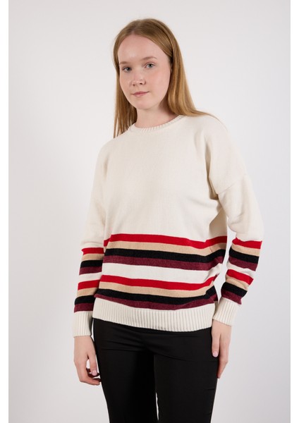 Kadın Beyaz Çizgili Bisiklet Yaka Şönil Kadife Triko Kazak fiyatları