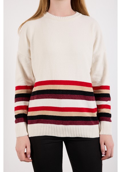 Kadın Beyaz Çizgili Bisiklet Yaka Şönil Kadife Triko Kazak indirimleri