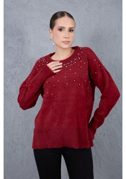 Kadın Bordo Sakal Iplik Yan Yırtmaçlı Inci Detaylı Bisiklet Yaka Triko Kazak