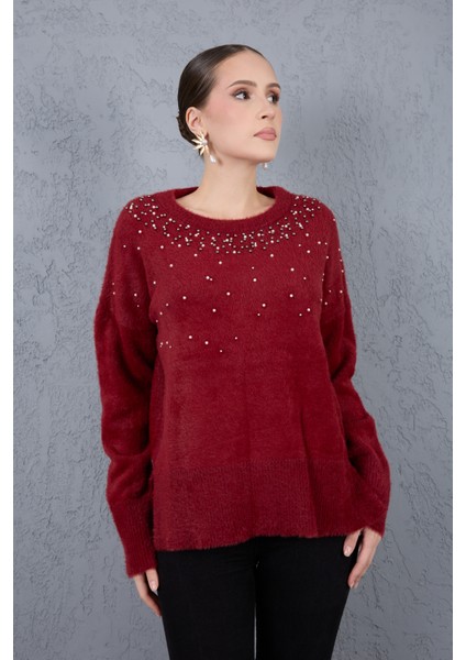 Kadın Bordo Sakal Iplik Yan Yırtmaçlı Inci Detaylı Bisiklet Yaka Triko Kazak fiyatları
