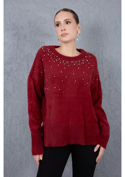 Kadın Bordo Sakal Iplik Yan Yırtmaçlı Inci Detaylı Bisiklet Yaka Triko Kazak modelleri