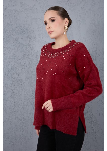 Kadın Bordo Sakal Iplik Yan Yırtmaçlı Inci Detaylı Bisiklet Yaka Triko Kazak fırsatları