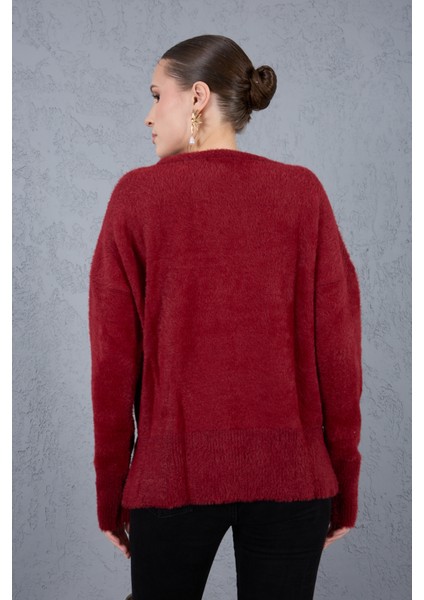 Kadın Bordo Sakal Iplik Yan Yırtmaçlı Inci Detaylı Bisiklet Yaka Triko Kazak indirimleri