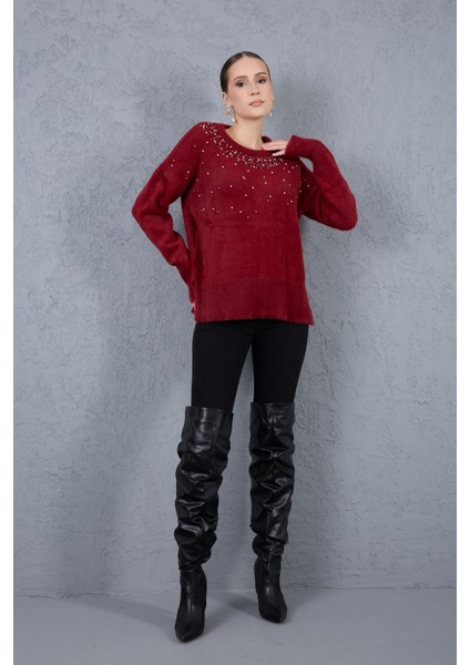 Kadın Bordo Sakal Iplik Yan Yırtmaçlı Inci Detaylı Bisiklet Yaka Triko Kazak