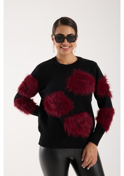 Kadın Siyah-Bordo Sakal Iplik Bisiklet Yaka Triko Kazak