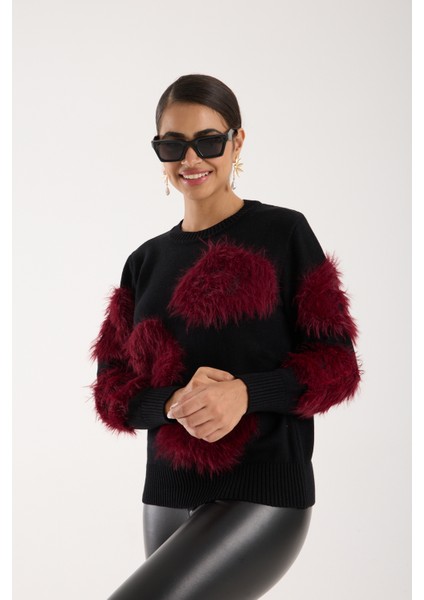 Kadın Siyah-Bordo Sakal Iplik Bisiklet Yaka Triko Kazak fiyatları