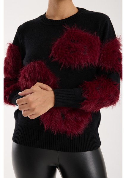 Kadın Siyah-Bordo Sakal Iplik Bisiklet Yaka Triko Kazak modelleri