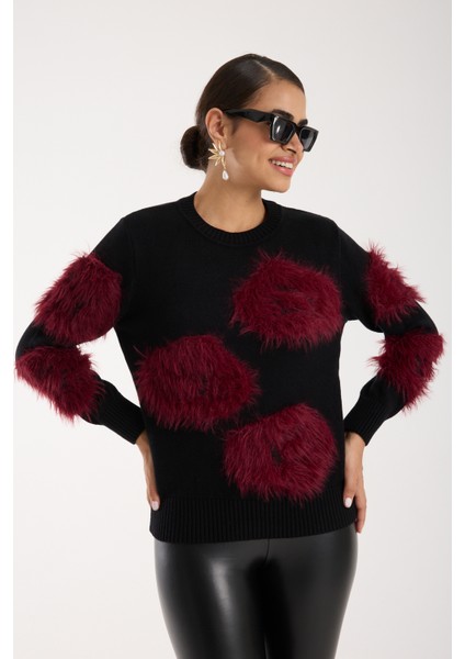 Kadın Siyah-Bordo Sakal Iplik Bisiklet Yaka Triko Kazak fırsatları