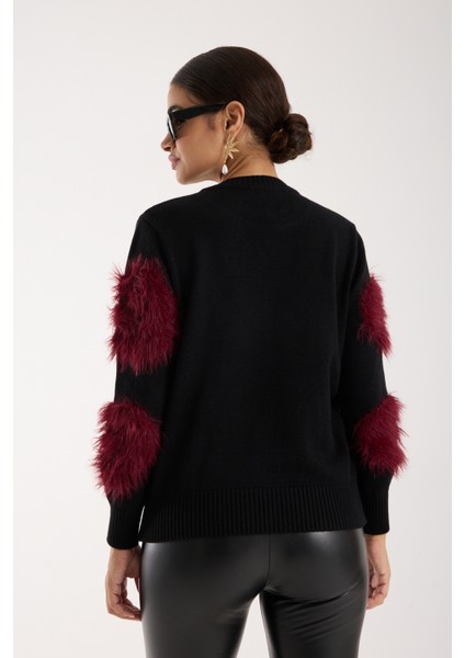 Kadın Siyah-Bordo Sakal Iplik Bisiklet Yaka Triko Kazak indirimleri