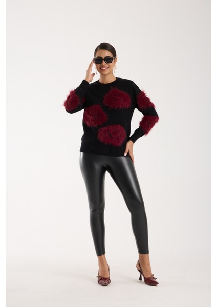 Kadın Siyah-Bordo Sakal Iplik Bisiklet Yaka Triko Kazak