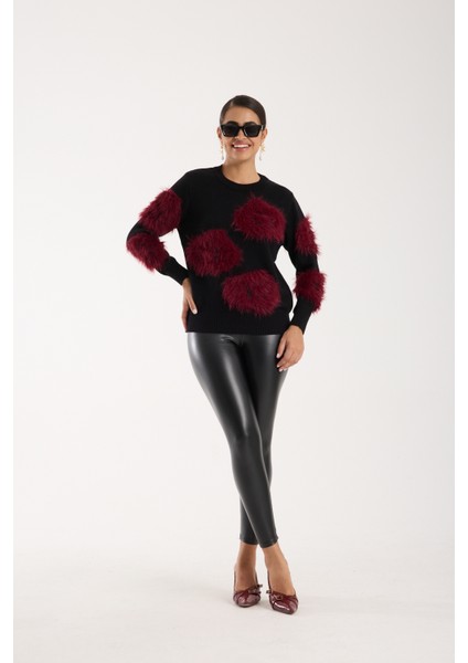 Kadın Siyah-Bordo Sakal Iplik Bisiklet Yaka Triko Kazak