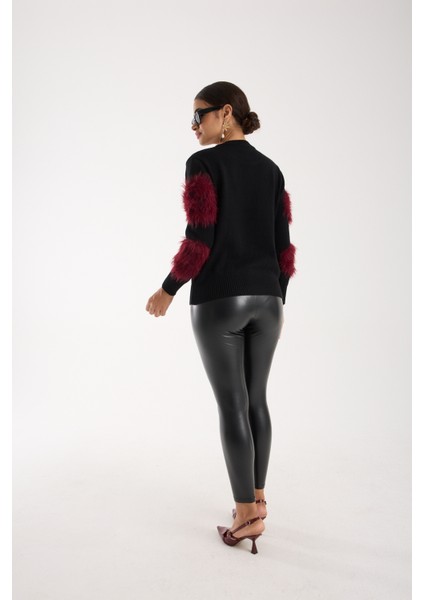 Kadın Siyah-Bordo Sakal Iplik Bisiklet Yaka Triko Kazak