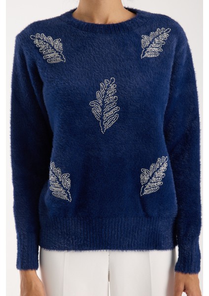 Kadın Koyu Laci Sakal Iplik Yaprak Desenli Boncuk Nakışlı Bisiklet Yaka Triko Kazak fırsatları