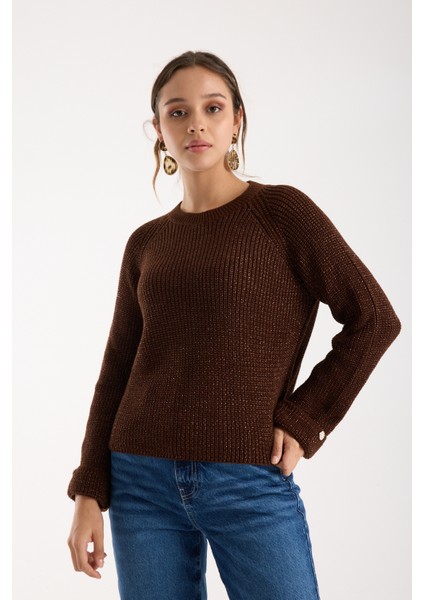 Kadın Acı Kahve Reglan Kol ve Tek Düğmeli Manşetler Bisiklet Yaka Simli Triko Kazak fiyatları