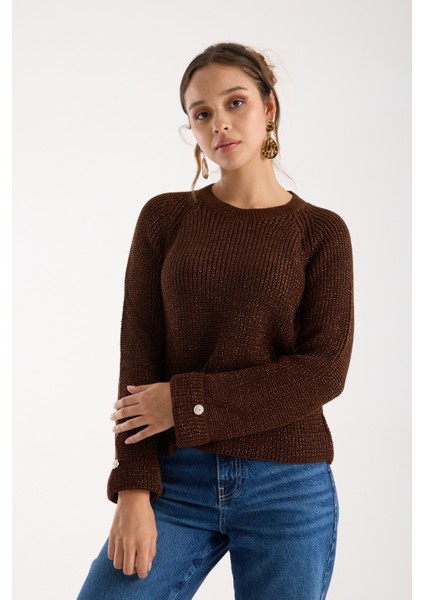 Kadın Acı Kahve Reglan Kol ve Tek Düğmeli Manşetler Bisiklet Yaka Simli Triko Kazak modelleri