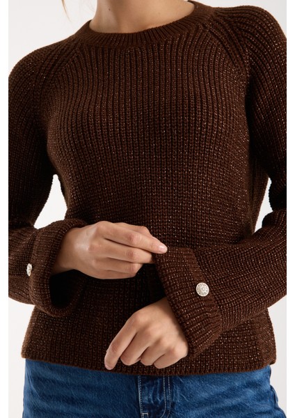 Kadın Acı Kahve Reglan Kol ve Tek Düğmeli Manşetler Bisiklet Yaka Simli Triko Kazak fırsatları