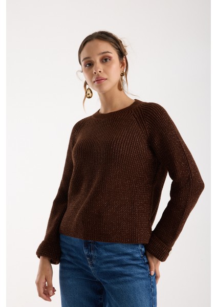 Kadın Acı Kahve Reglan Kol ve Tek Düğmeli Manşetler Bisiklet Yaka Simli Triko Kazak indirimleri