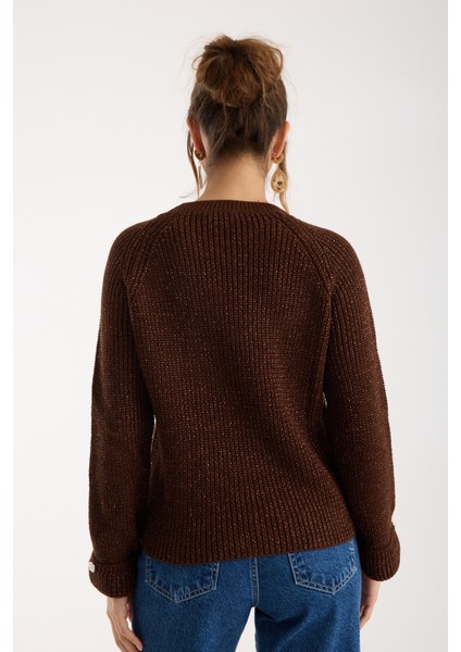 Kadın Acı Kahve Reglan Kol ve Tek Düğmeli Manşetler Bisiklet Yaka Simli Triko Kazak