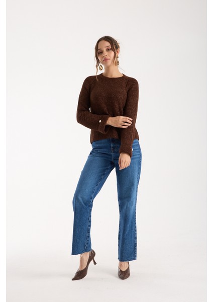 Kadın Acı Kahve Reglan Kol ve Tek Düğmeli Manşetler Bisiklet Yaka Simli Triko Kazak