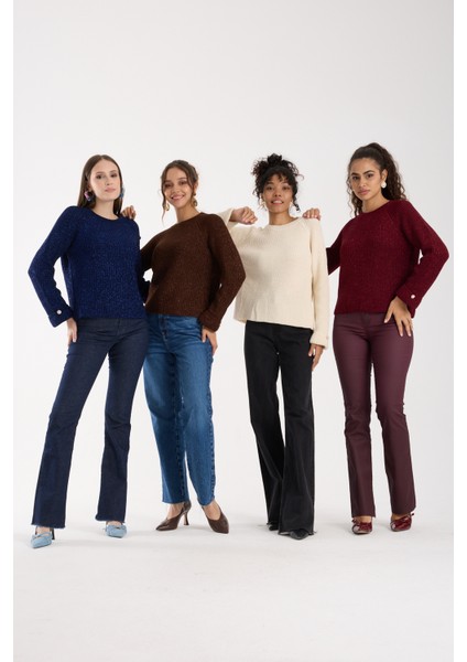 Kadın Acı Kahve Reglan Kol ve Tek Düğmeli Manşetler Bisiklet Yaka Simli Triko Kazak