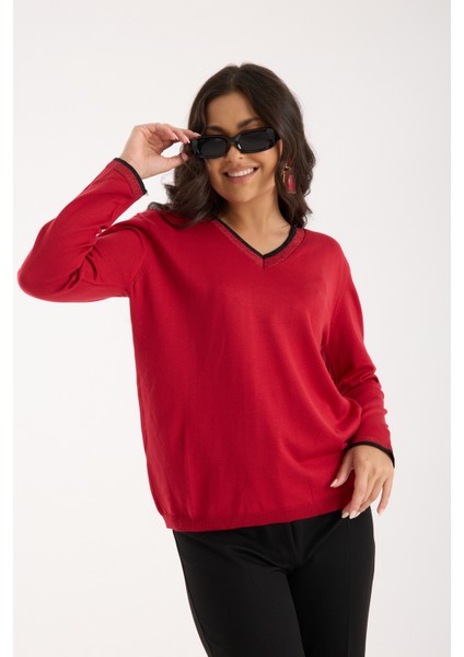 Kadın Kırmızı Elit Viskon Kumaş Kontrast Sim Biyeli V Yaka Triko Bluz fiyatları