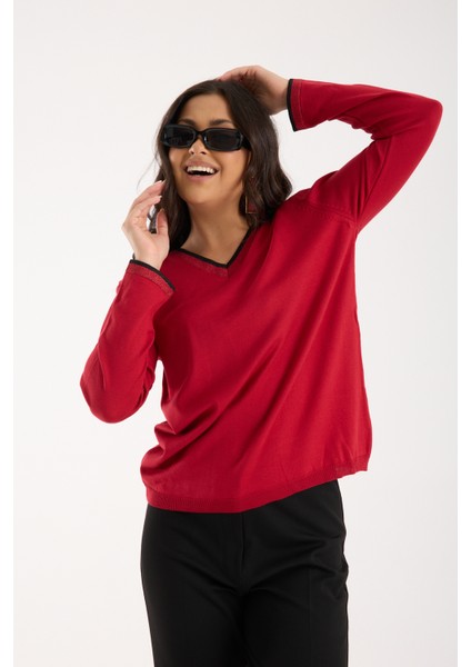 Kadın Kırmızı Elit Viskon Kumaş Kontrast Sim Biyeli V Yaka Triko Bluz modelleri