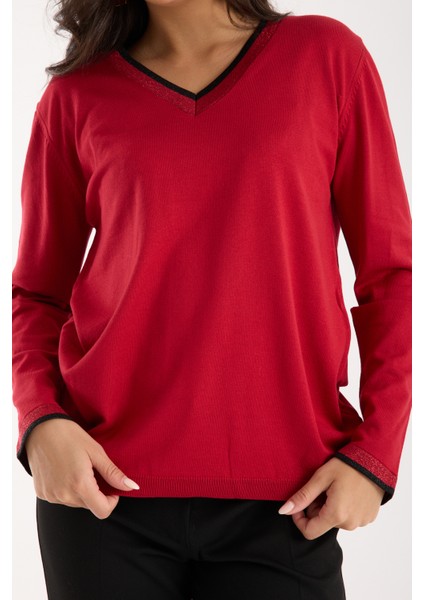 Kadın Kırmızı Elit Viskon Kumaş Kontrast Sim Biyeli V Yaka Triko Bluz fırsatları