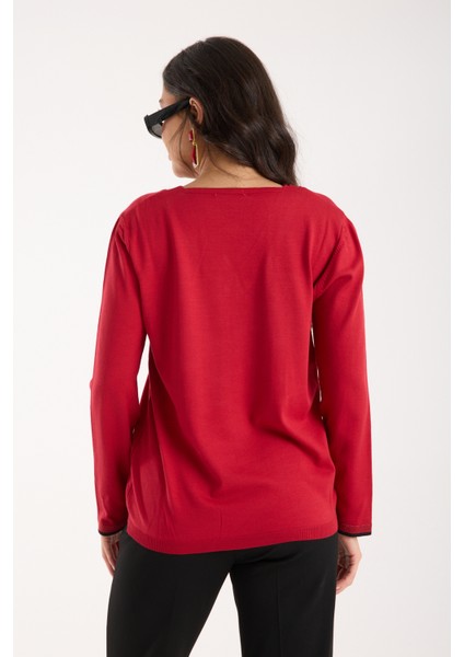 Kadın Kırmızı Elit Viskon Kumaş Kontrast Sim Biyeli V Yaka Triko Bluz indirimleri
