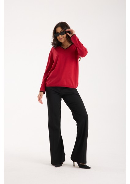 Kadın Kırmızı Elit Viskon Kumaş Kontrast Sim Biyeli V Yaka Triko Bluz