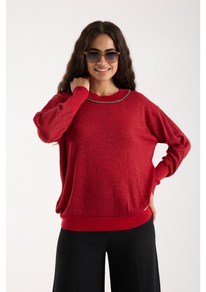 Kadın Kırmızı Viskon Vortex Iplik Taş Detaylı Bisiklet Yaka Simli Triko Bluz