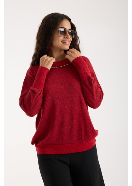 Kadın Kırmızı Viskon Vortex Iplik Taş Detaylı Bisiklet Yaka Simli Triko Bluz fiyatları
