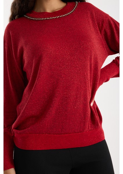 Kadın Kırmızı Viskon Vortex Iplik Taş Detaylı Bisiklet Yaka Simli Triko Bluz modelleri