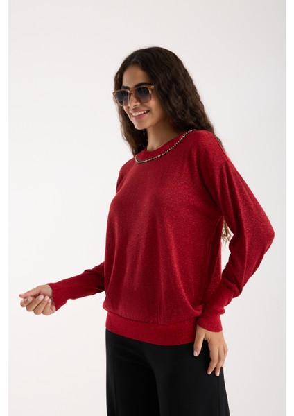 Kadın Kırmızı Viskon Vortex Iplik Taş Detaylı Bisiklet Yaka Simli Triko Bluz fırsatları