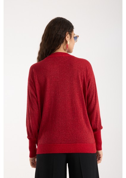 Kadın Kırmızı Viskon Vortex Iplik Taş Detaylı Bisiklet Yaka Simli Triko Bluz indirimleri