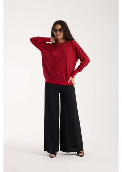 Kadın Kırmızı Viskon Vortex Iplik Taş Detaylı Bisiklet Yaka Simli Triko Bluz