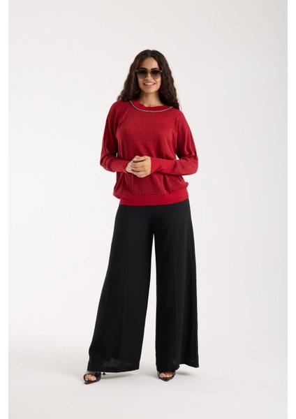 Kadın Kırmızı Viskon Vortex Iplik Taş Detaylı Bisiklet Yaka Simli Triko Bluz