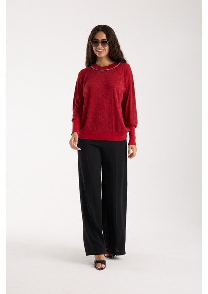 Kadın Kırmızı Viskon Vortex Iplik Taş Detaylı Bisiklet Yaka Simli Triko Bluz