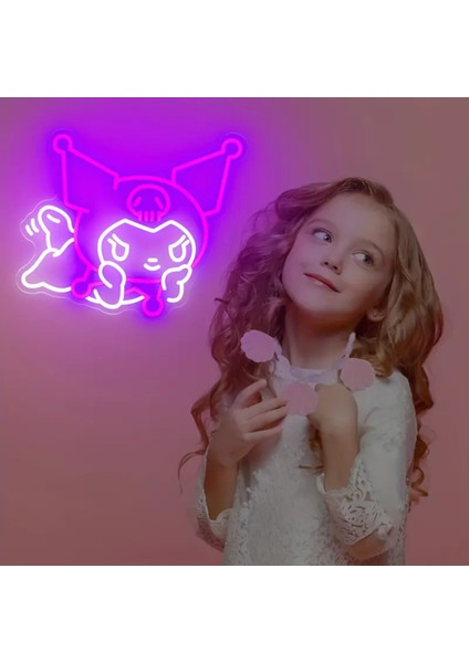 Kuromi Figürlü Büyük Boy Pleksi USB Kablolu Neon Işıklı Dekoratif Gece Lambası (38CM * 32 Cm)
