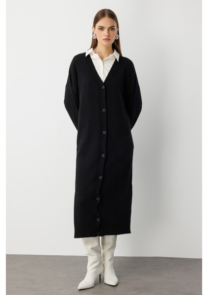 Oversize V Yaka Uzun Siyah Triko Hırka