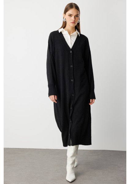 Oversize V Yaka Uzun Siyah Triko Hırka fiyatları