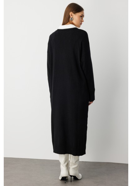 Oversize V Yaka Uzun Siyah Triko Hırka fırsatları