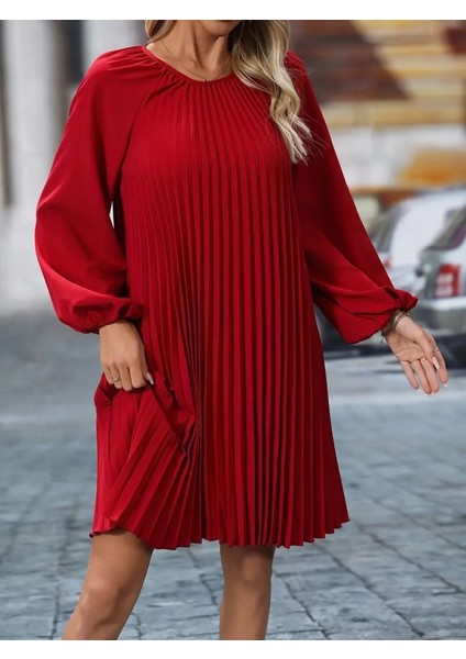 Kadın Uzun Kollu Yuvarlak Yaka Pileli Salaş Mini Ithal Krep Elbise