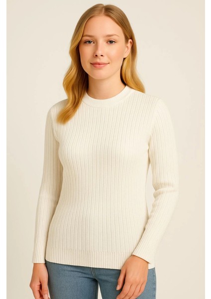 Bisiklet Yuvarlak Yaka Triko Kazak Pamuklu Kalın Fitilli Dokuma, Regular Fit Uzun Kollu Kışlık Model - Beyaz modelleri