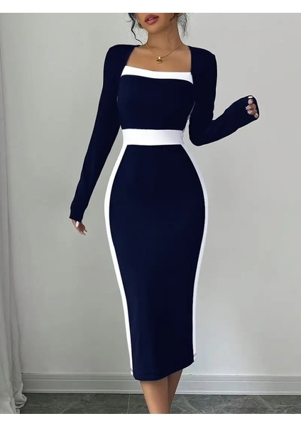 Kadın Uzun Kollu Geometrik Yaka Midi Ithal Krep Elbise fiyatları